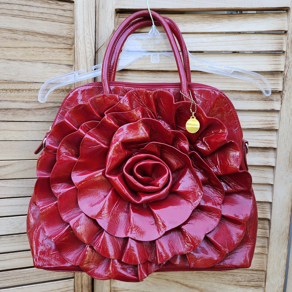 Big Buddha Red Patent Faux Leather Ruffle Rose Satchel Handbag Flower Glam Xmas